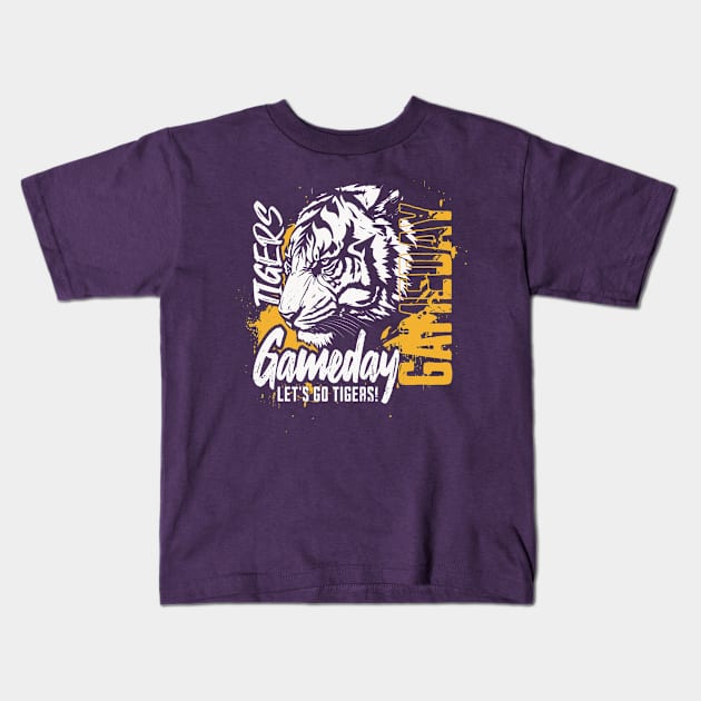 Vintage Tigers Gameday // High School Tigers School Spirit Gold Kids T-Shirt by SLAG_Creative